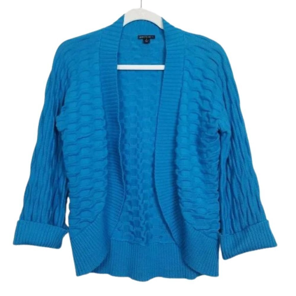 Lafayette 148 Aqua Blue Textured Cotton Open Front Cardigan 0